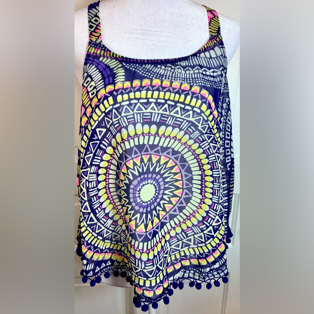 Ocean Drive Sheer Racerback PomPom Edged Colorful Tank